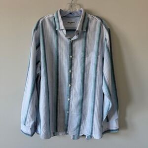 Tommy Bahama Mens Large Linen Blend Striped Long Sleeve Button Down Shirt Blue
